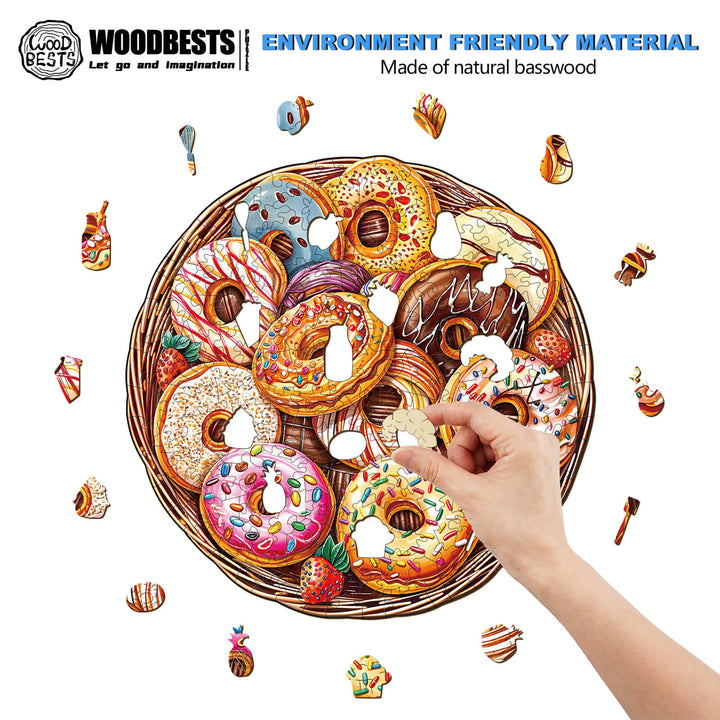 Colorful wooden jigsaw puzzle featuring assorted donuts, made from natural basswood, promoting focus and cognitive skills.