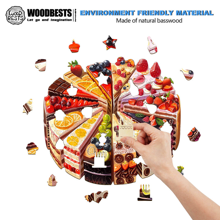 Wooden jigsaw puzzle of delicious cake slices, perfect for focused mind games and skill development.