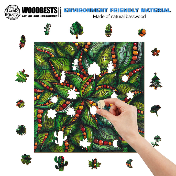 Hand placing a piece in a vibrant basswood puzzle featuring lush green designs and eco-friendly materials.