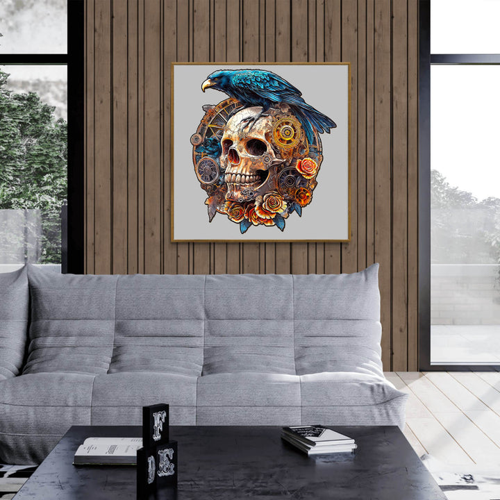 3D Mechanical Skull & Raven artwork displayed in modern living room, showcasing intricate details and vibrant colors.