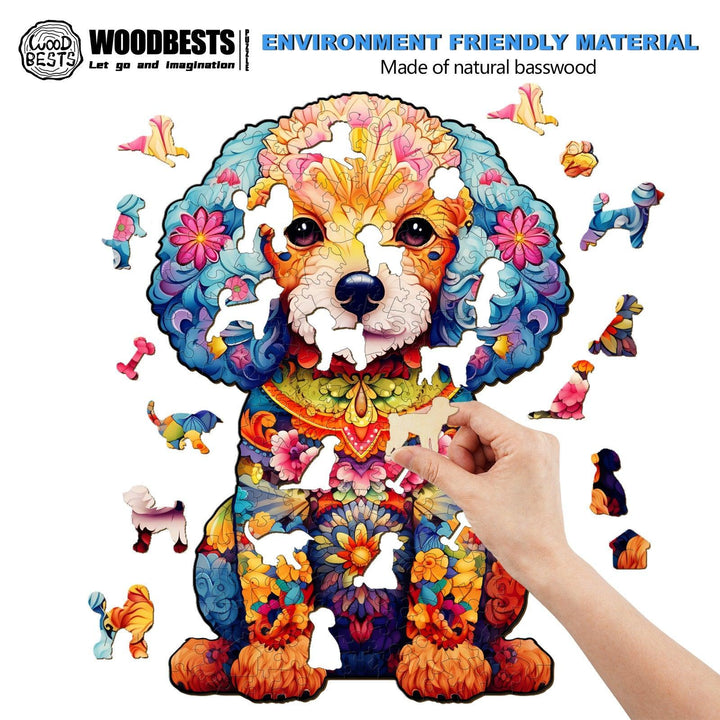 Cute Poodle wooden jigsaw puzzle made from natural basswood, showcasing colorful design and eco-friendly materials.