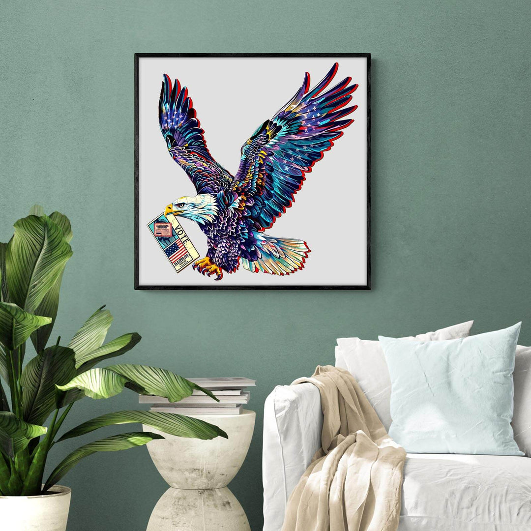 Bald Eagle in vibrant colors holding a voting ballot, symbolizing freedom and democracy, perfect for a puzzle lover.