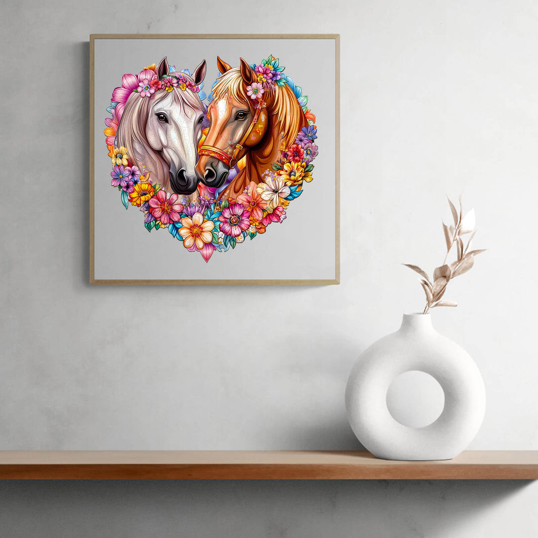 Colorful artwork of two horses surrounded by flowers in a heart shape, symbolizing love and companionship.