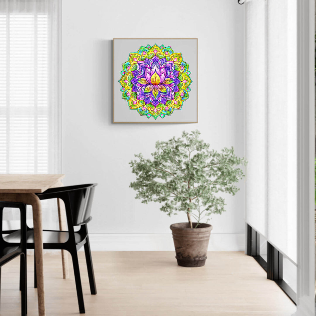 Mandala Lotus-1 wooden jigsaw puzzle displayed in a modern room with green plant and natural light.