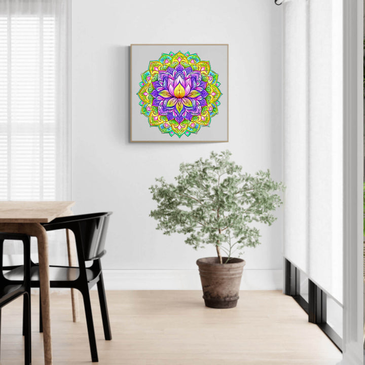 Mandala Lotus-1 wooden jigsaw puzzle displayed in a modern room with green plant and natural light.