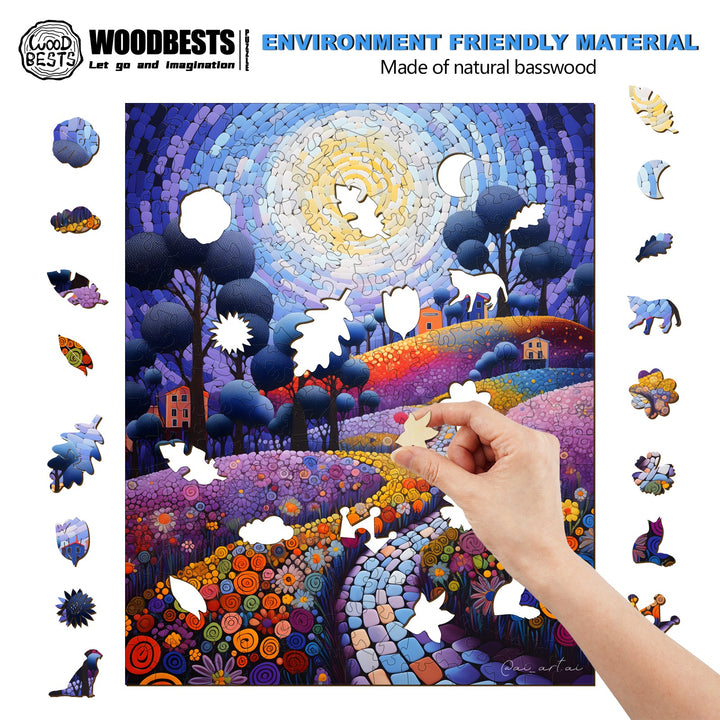 Hand assembling a colorful wooden puzzle made from natural basswood, featuring a vibrant landscape and whimsical shapes.