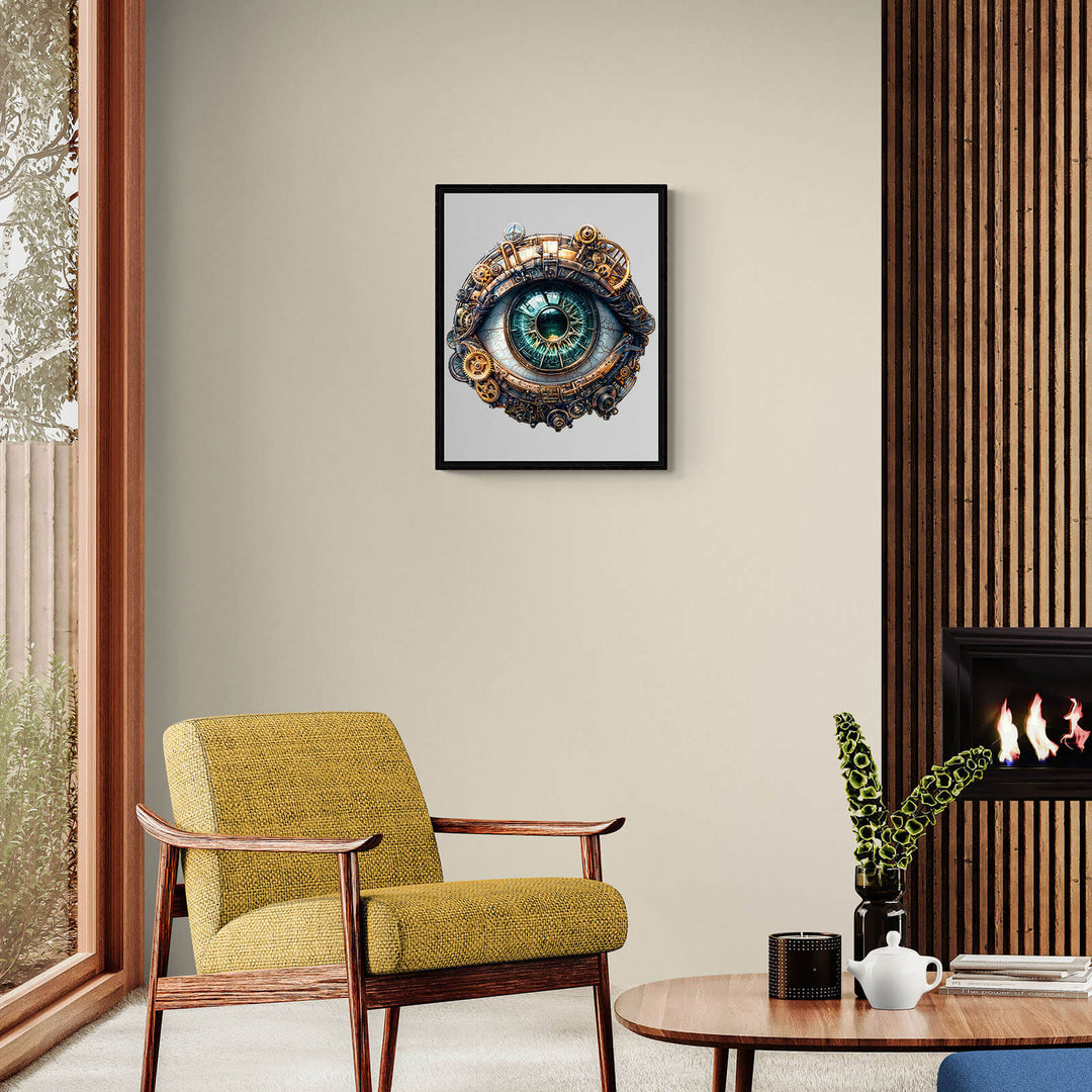 3D Mechanical eyes wooden jigsaw puzzle displayed in a modern living room with stylish furniture.