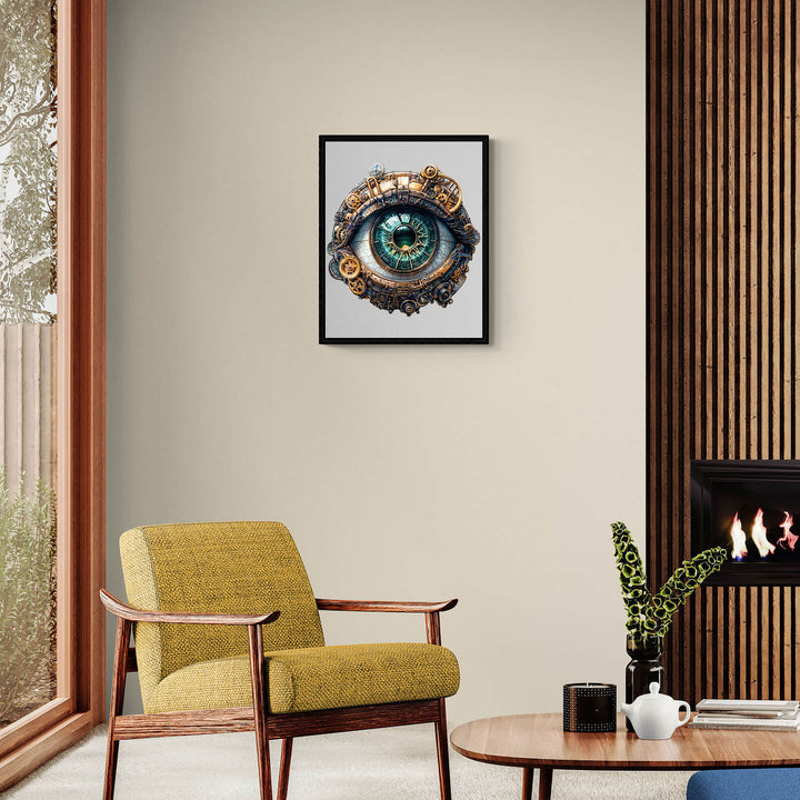 3D Mechanical eyes wooden jigsaw puzzle displayed in a modern living room with stylish furniture.