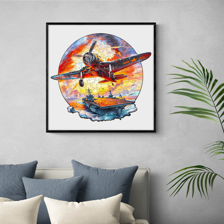 Colorful Fighter Plane Wooden Jigsaw Puzzle bringing focus and fun to mind games, displayed in a modern living room.