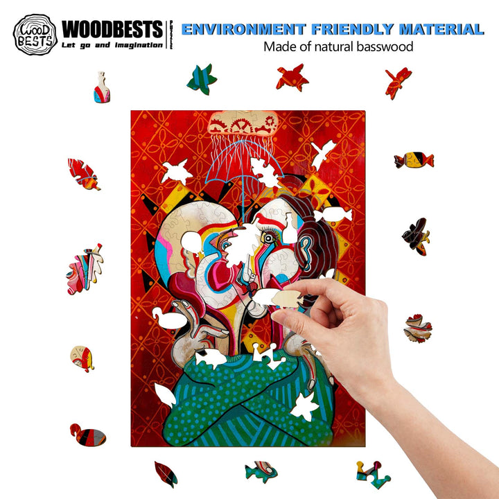 Person assembling a colorful wooden puzzle made from natural basswood, showcasing artistic designs and eco-friendly materials.