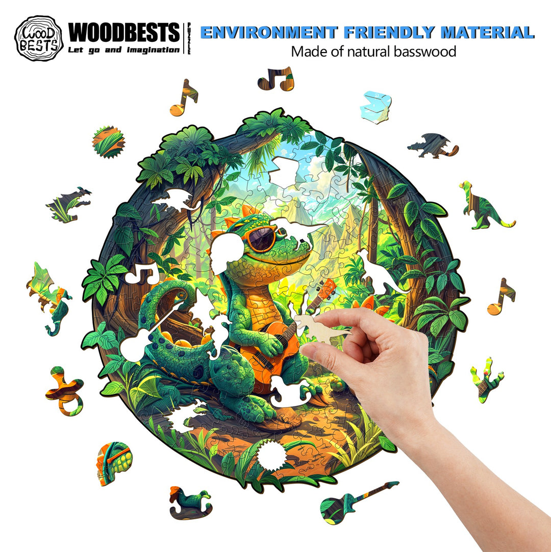Rock Dinosaur-1 wooden jigsaw puzzle featuring vibrant colors and unique animal shapes, crafted from natural basswood.