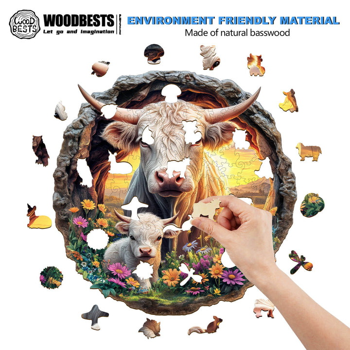 Hand assembling a Cattle Family wooden jigsaw puzzle made of natural basswood, featuring a cow and calf with flowers.