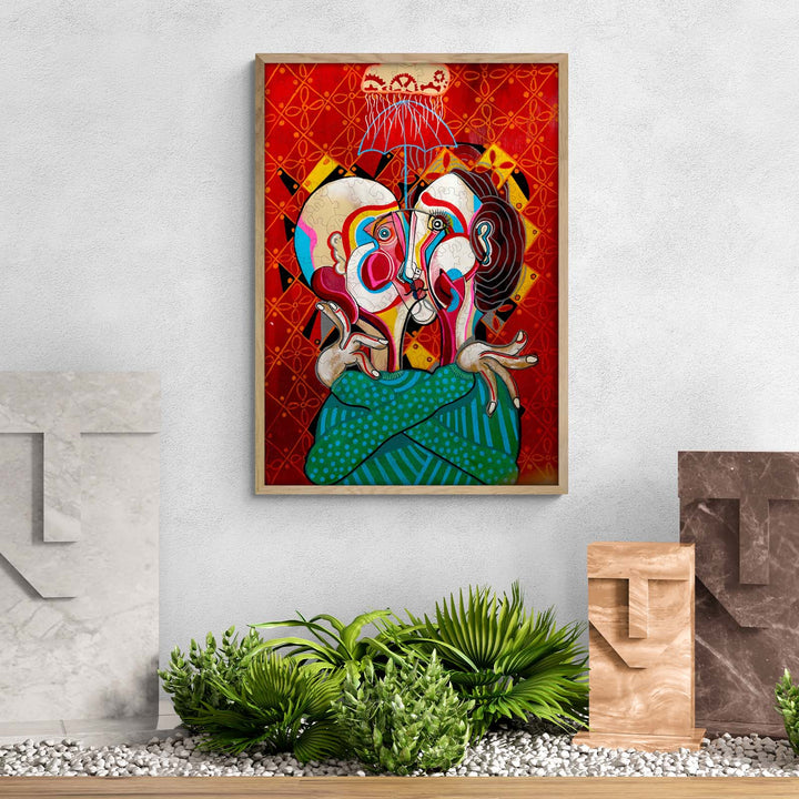 Contemporary artwork 'A Moment in Time' by Dylan Gill showcasing vivid colors and emotive figures in a modern setting.