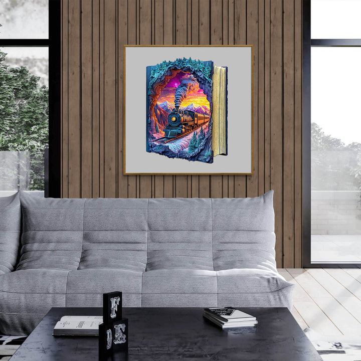3D Aurora Train puzzle art framed on a wooden wall, showcasing vibrant colors and a scenic train landscape.