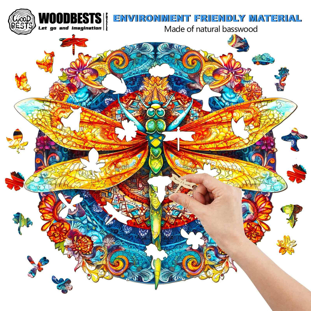Colorful Mandala Dragonfly wooden jigsaw puzzle made of natural basswood, showcasing intricate design and eco-friendly materials.