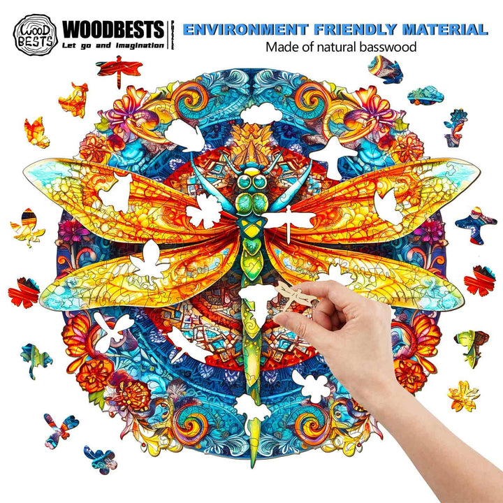 Colorful Mandala Dragonfly wooden jigsaw puzzle made of natural basswood, showcasing intricate design and eco-friendly materials.