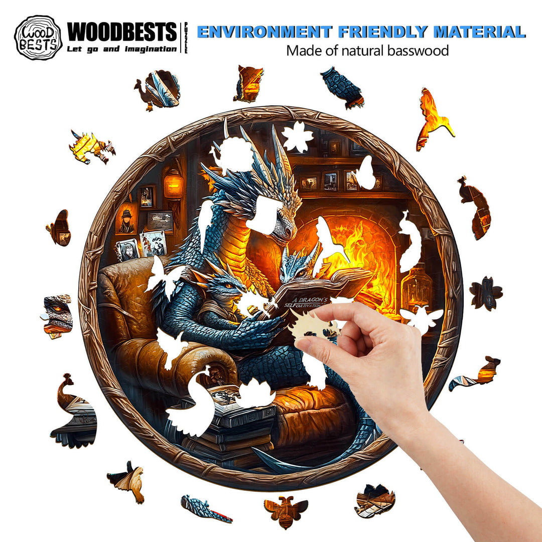 Person assembling a Night Stories wooden jigsaw puzzle made of eco-friendly basswood, featuring dragons in a cozy scene.