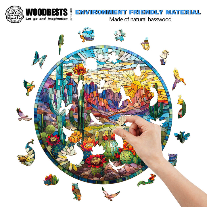 Hand placing a piece into a stained glass cactus wooden jigsaw puzzle, showcasing vibrant colors and natural materials.
