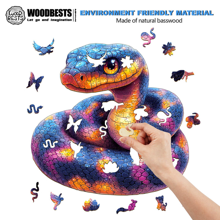 Colorful wooden snake jigsaw puzzle crafted from natural basswood, promoting focus and creativity while solving.