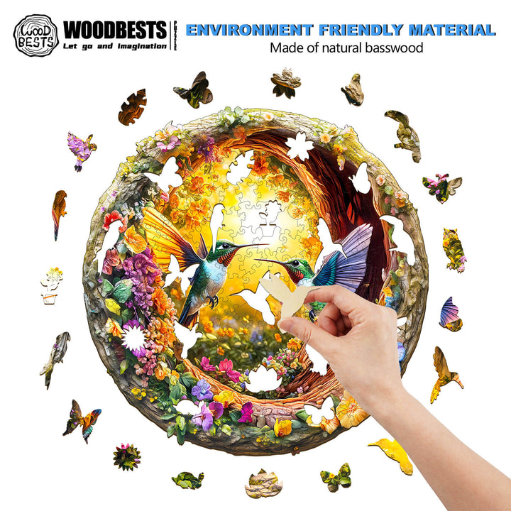 Wooden 3D hummingbird jigsaw puzzle being assembled, featuring vibrant colors and eco-friendly materials.