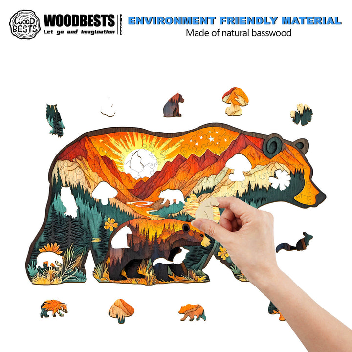 Person assembling a Bears in the Forest wooden jigsaw puzzle made from natural basswood, showcasing vibrant colors and wildlife.