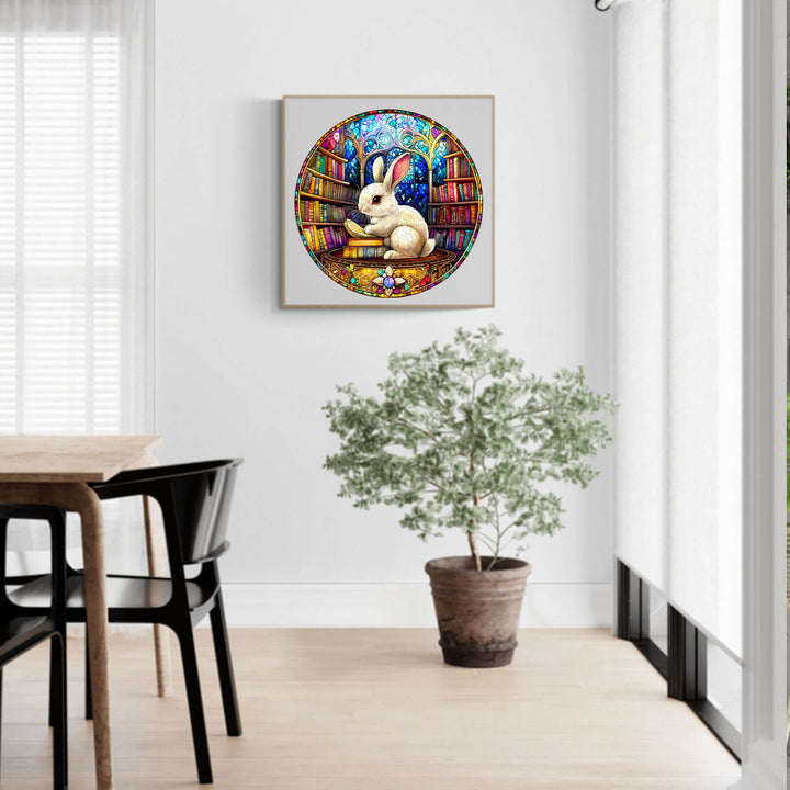 Colorful Library Rabbit wooden jigsaw puzzle decor in a bright, modern living space with natural light.