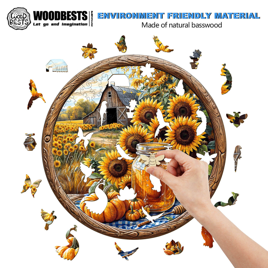 Person assembling a wooden seek and find bees jigsaw puzzle featuring sunflowers and a barn.