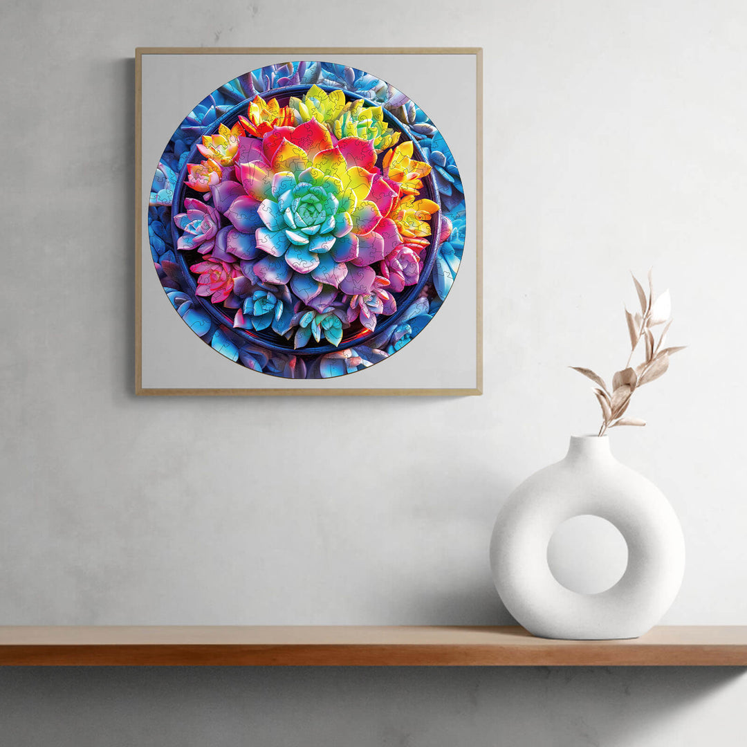 Vibrant 3D succulent plants jigsaw puzzle displayed on a shelf, enhancing home decor and mental engagement.