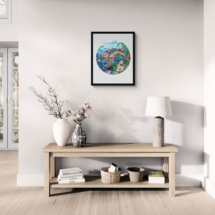 Living room featuring an embroidered turtle wooden jigsaw puzzle framed on the wall, enhancing decor and creativity.