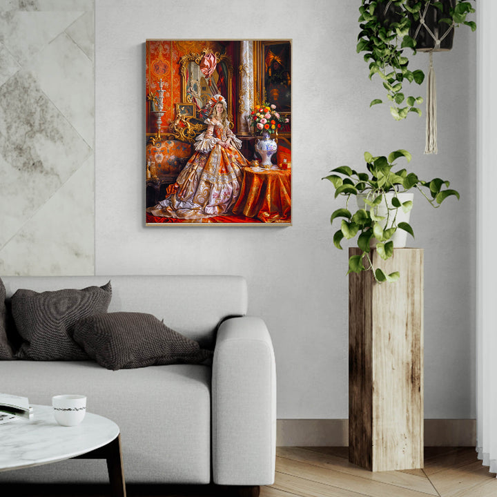 Elegant Palace Portrait artwork displayed in a modern living room with stylish decor and greenery.