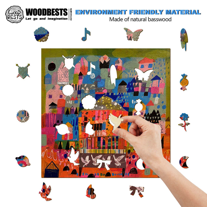 Hand placing a piece in a colorful wooden puzzle made from eco-friendly basswood by Woodbest.