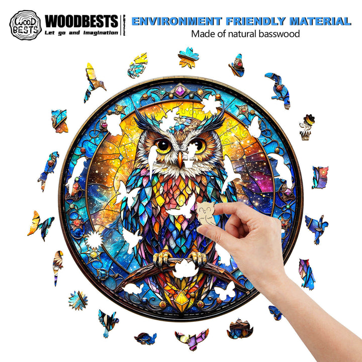 Hand assembling an Iridescent Starwing wooden jigsaw puzzle featuring a colorful owl design made of eco-friendly basswood.