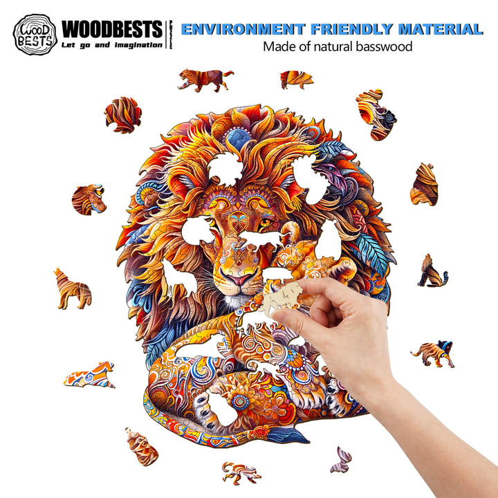 Colorful Fatherly Lion wooden jigsaw puzzle made of natural basswood, promoting focus and mental agility.