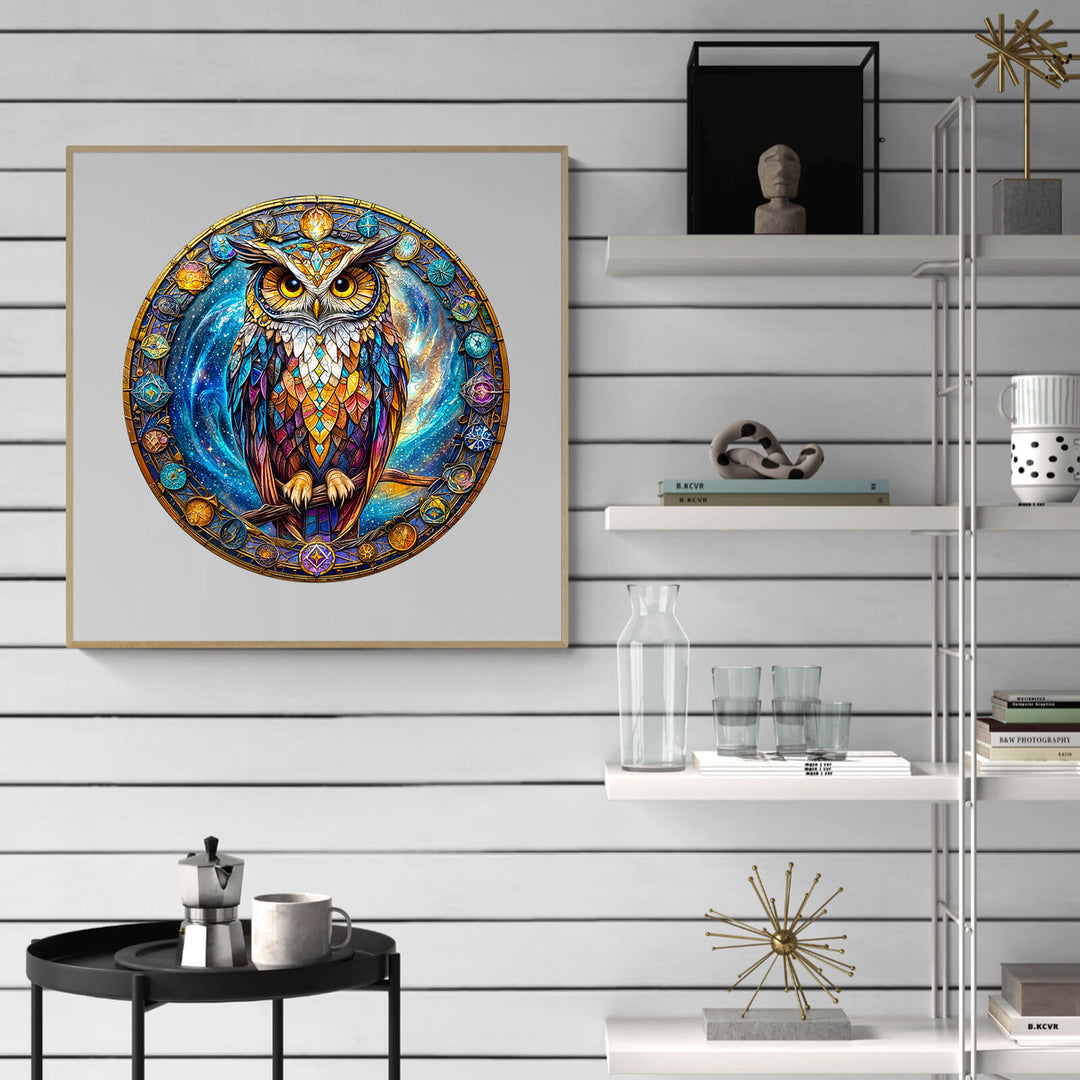 Colorful owl artwork in circular design, displayed on a modern shelf with decorative items.