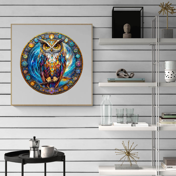 Colorful owl artwork in circular design, displayed on a modern shelf with decorative items.