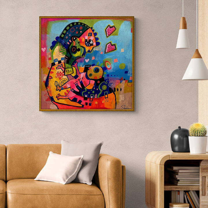 Colorful artwork titled 'Mother and Son' by Shirin Moarefi, featuring a mother and child in a vibrant abstract style.