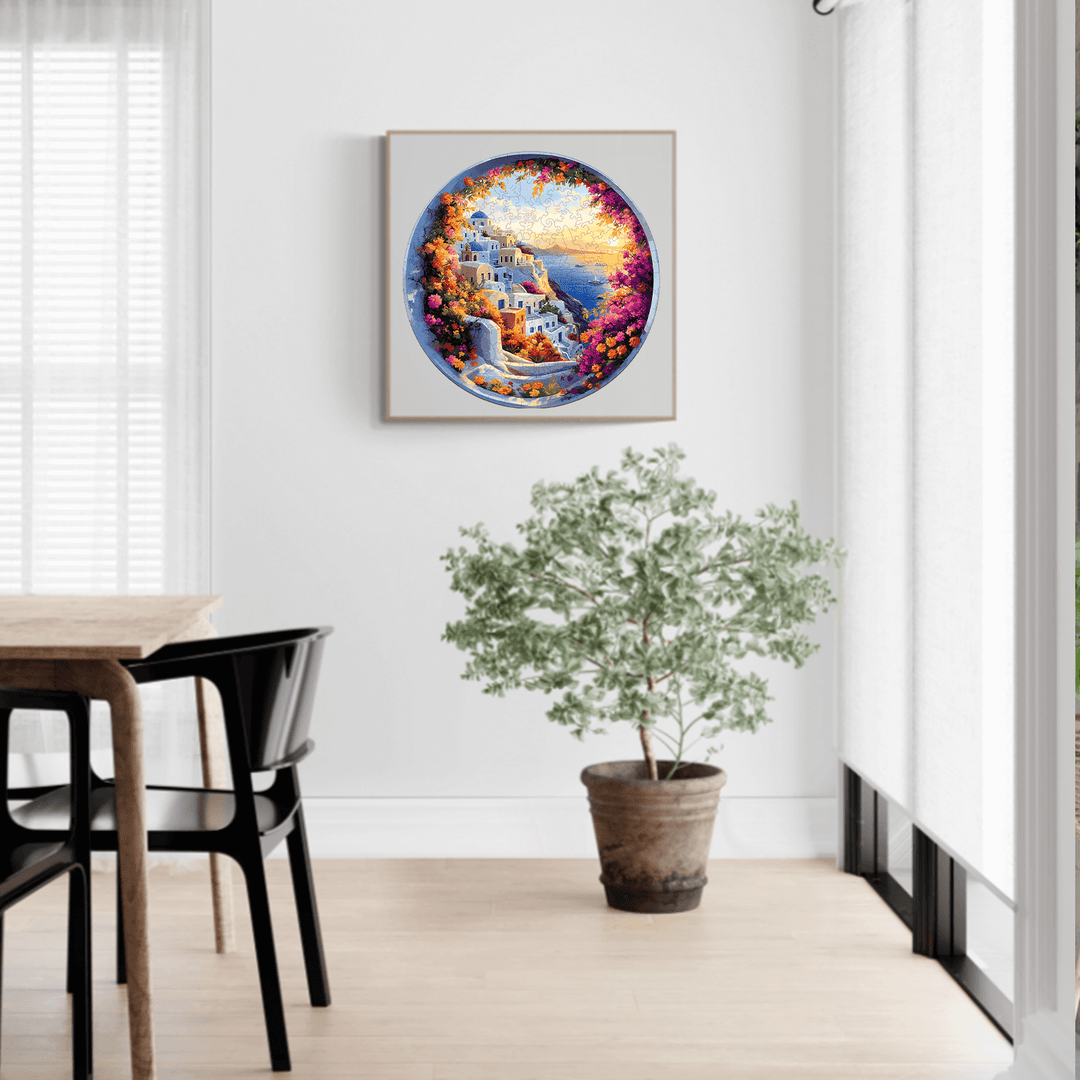 Santorini wooden jigsaw puzzle displayed in a modern living room with plants and natural light.