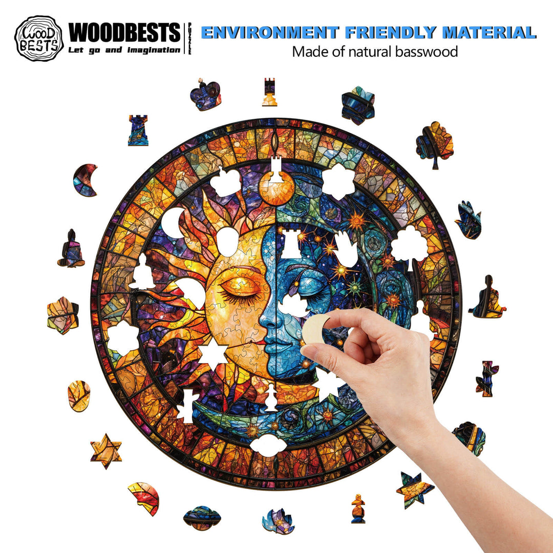Hand assembling the Sun and Moon Harmony wooden jigsaw puzzle with colorful celestial design, crafted from natural basswood.