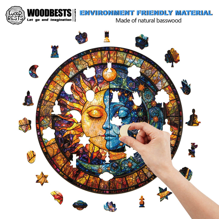 Hand assembling the Sun and Moon Harmony wooden jigsaw puzzle with colorful celestial design, crafted from natural basswood.