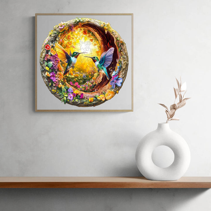 3D Hummingbird wooden jigsaw puzzle displayed in a modern home setting with vibrant colors and flowers.