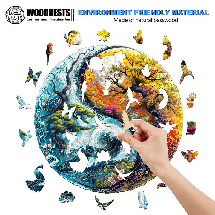 Person assembling the Yin Yang Landscape-2 wooden jigsaw puzzle with vibrant nature designs and various animals.