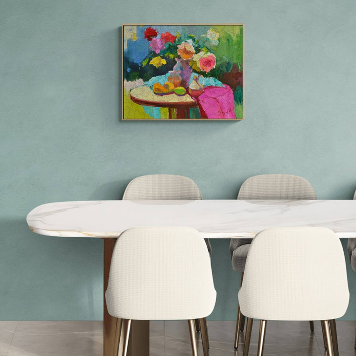 Vibrant painting 'Magic Flowers' by Alexander Shandor, gracing a modern dining area with a serene color palette.