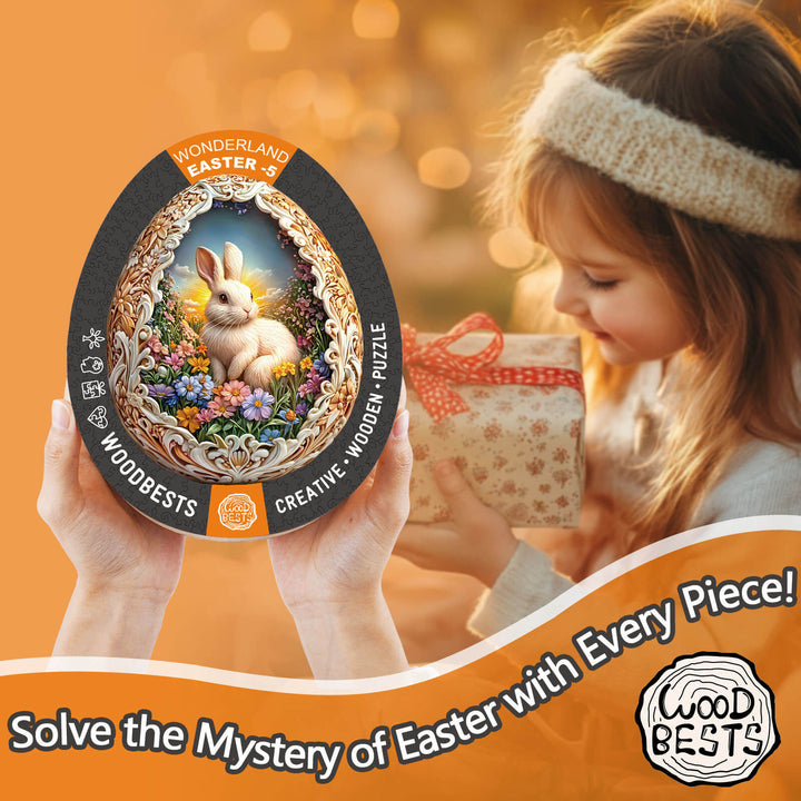 Wonderland Easter-5 wooden jigsaw puzzle showcasing a bunny, promoting focus and creativity through puzzling.