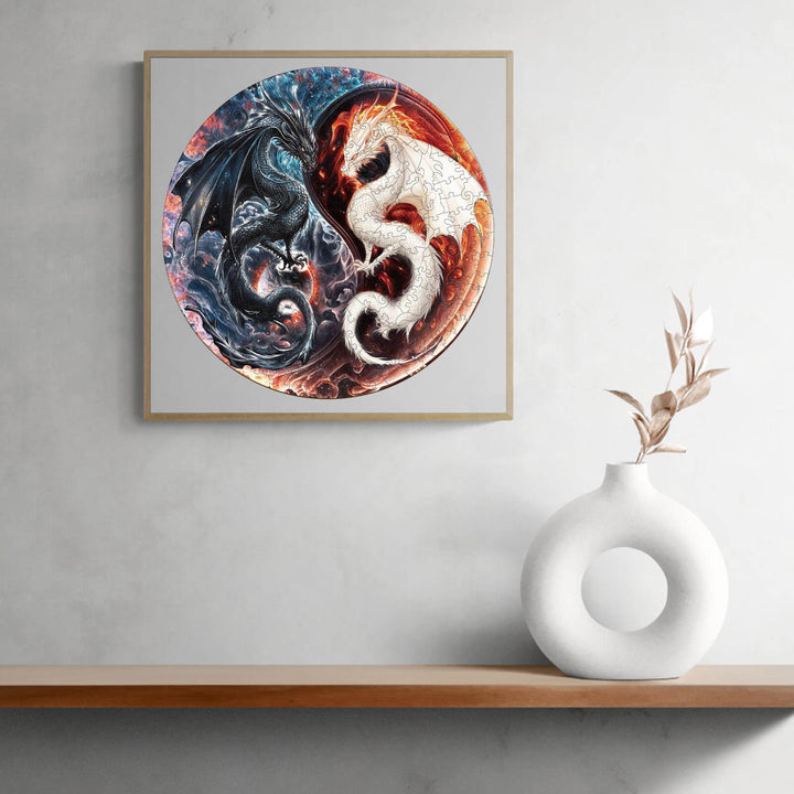 Yin Yang Dragon wooden puzzle artwork on a minimalist shelf, showcasing a vibrant dragon design in harmony.