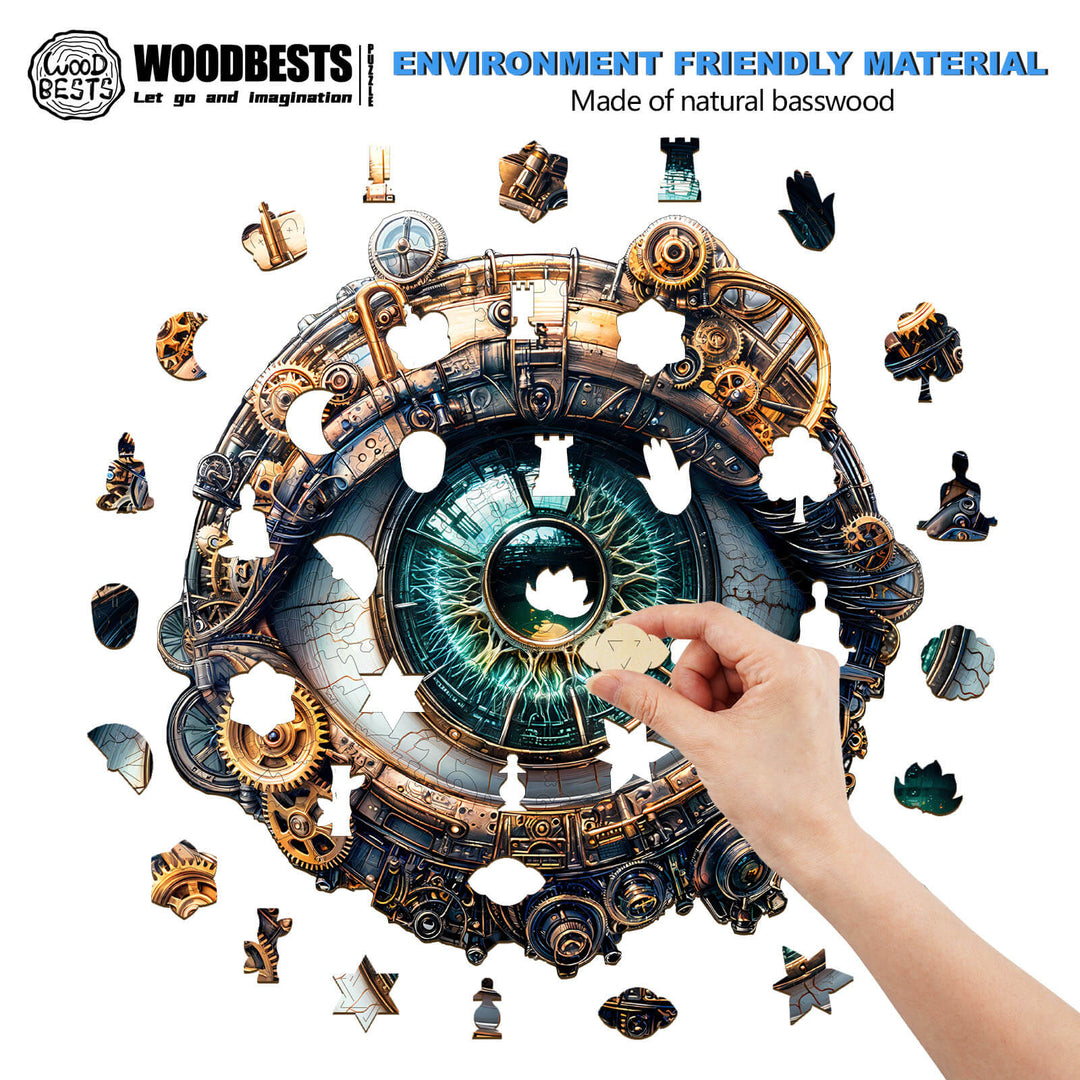 Person assembling a 3D Mechanical eyes wooden jigsaw puzzle made from natural basswood, promoting focus and fun.