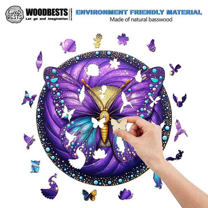 Person assembling the Seek and Find Butterflies wooden jigsaw puzzle made from natural basswood, showcasing colorful butterfly pieces.