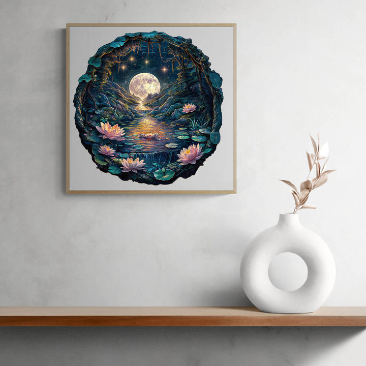 3D wooden jigsaw puzzle featuring a moonlit cave and lotus flowers on a serene stream.