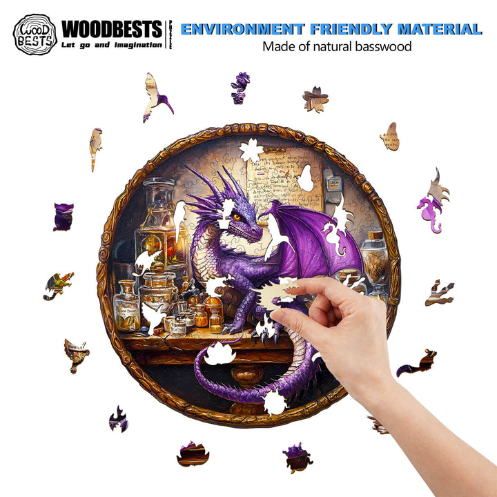 Hand placing a piece of the Magic Dragon Wooden Jigsaw Puzzle featuring a purple dragon and potion bottles.