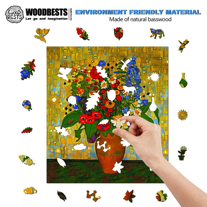 Hand placing puzzle pieces around a colorful flower vase artwork made of eco-friendly natural basswood.