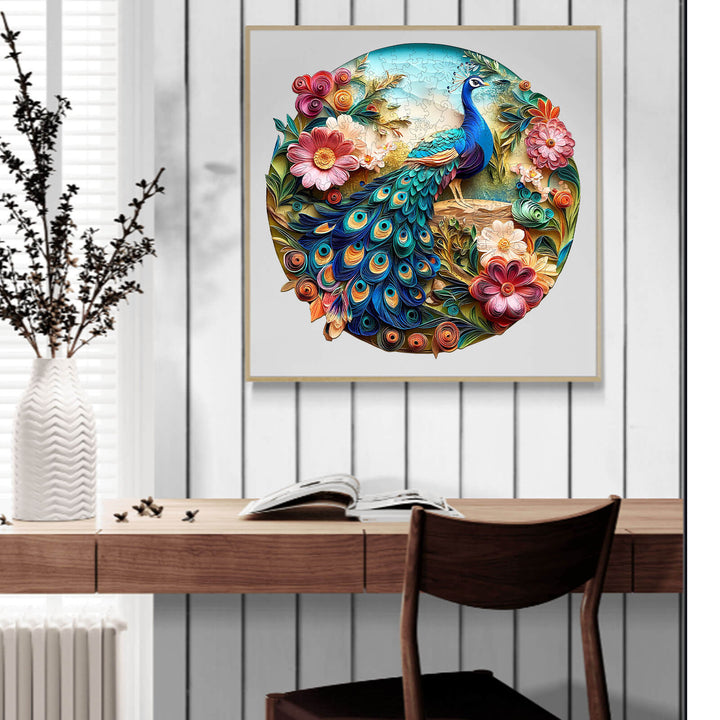 Colorful 3D peacock jigsaw puzzle art displayed in a bright room, promoting focus and creativity through puzzle solving.
